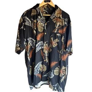 WTF Men's Vintage Hawaiian Shirt Button Up 100% Silk Leaf Print Black Size Large